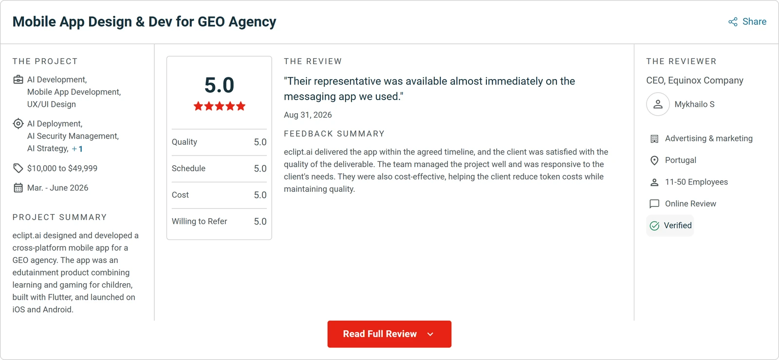 5.0 Clutch review for eclipt.ai: Mobile App Design & Dev for GEO Agency. "Their representative was available almost immediately on the messaging app we used."