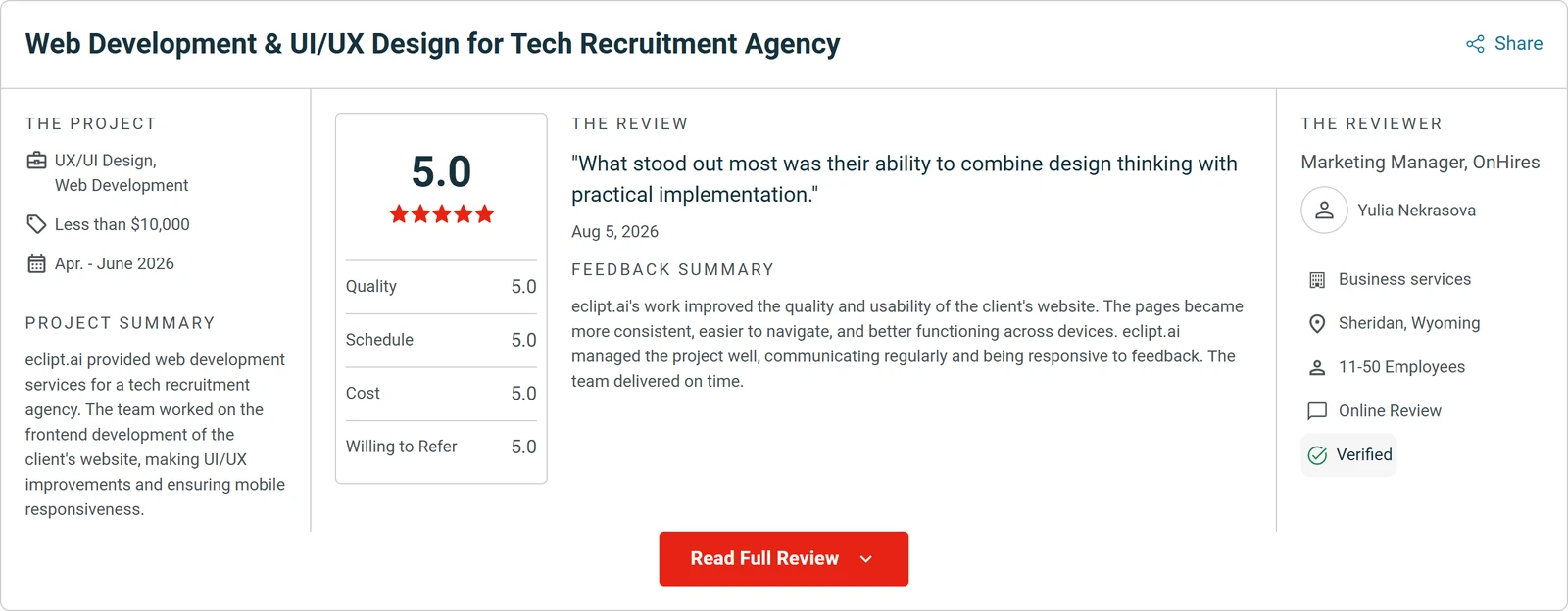 5.0 Clutch review for eclipt.ai: Web Development & UI/UX Design for Tech Recruitment Agency. "What stood out most was their ability to combine design thinking with practical implementation."