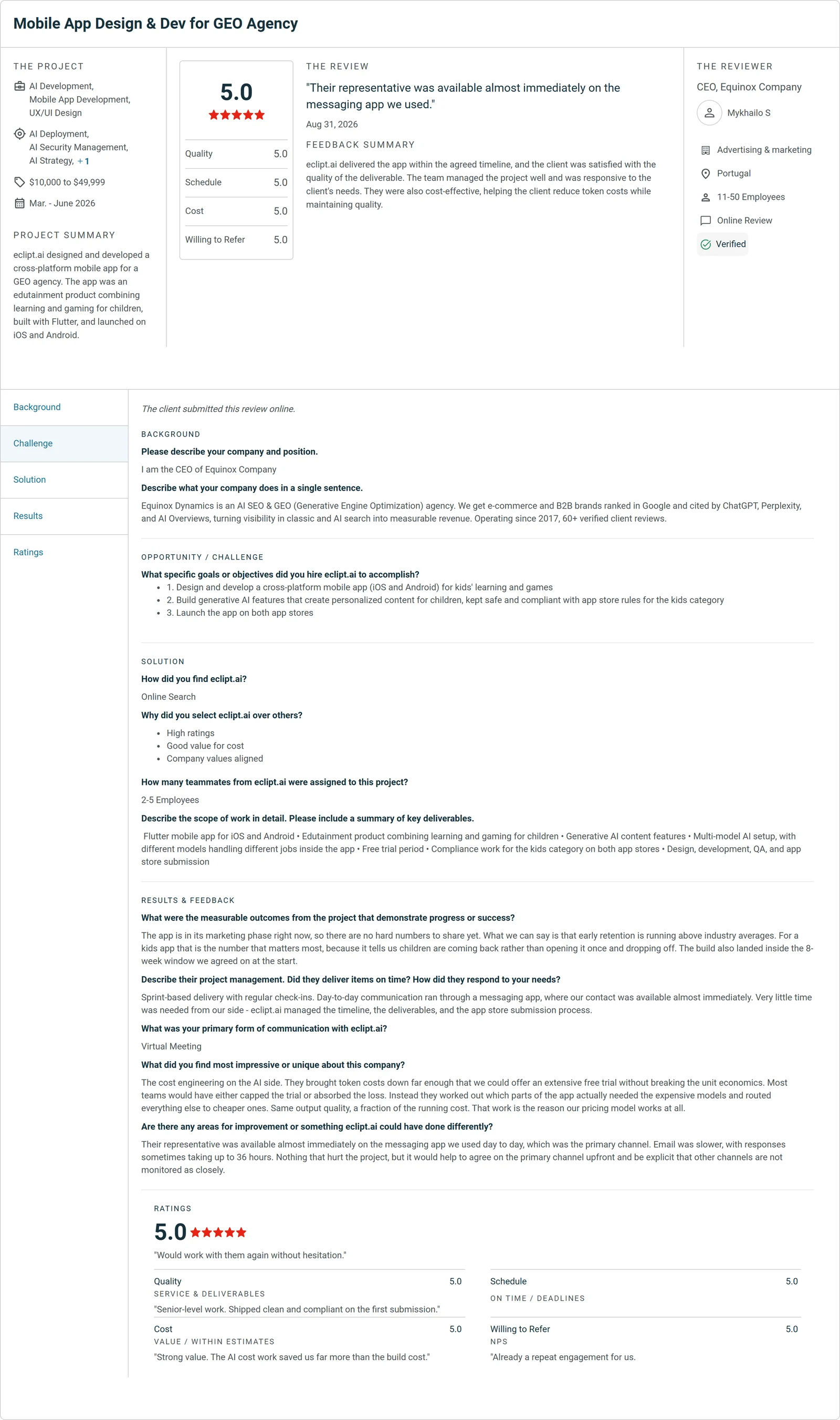5.0 Clutch review for eclipt.ai: Mobile App Design & Dev for GEO Agency. "Their representative was available almost immediately on the messaging app we used."