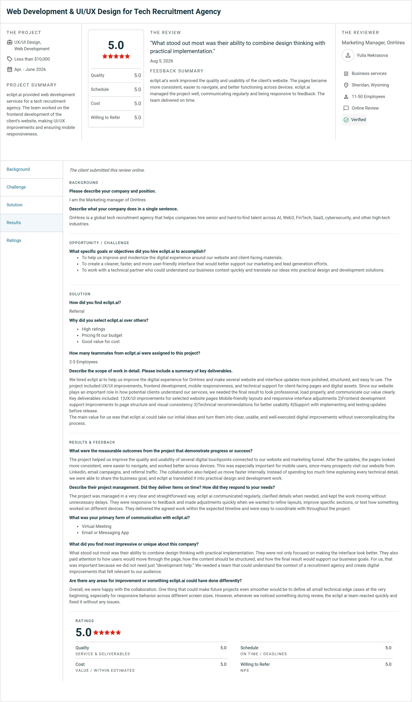 5.0 Clutch review for eclipt.ai: Web Development & UI/UX Design for Tech Recruitment Agency. "What stood out most was their ability to combine design thinking with practical implementation."