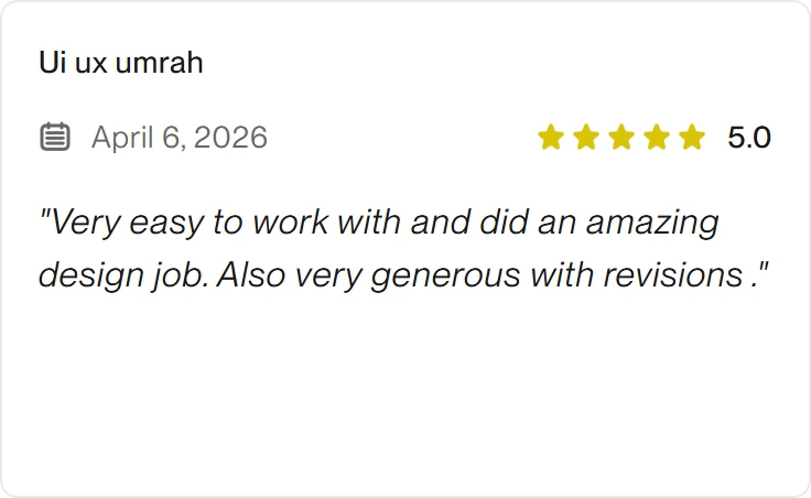 5.0 Upwork review for eclipt.ai: Ui ux umrah, April 6, 2026. "Very easy to work with and did an amazing design job. Also very generous with revisions ."
