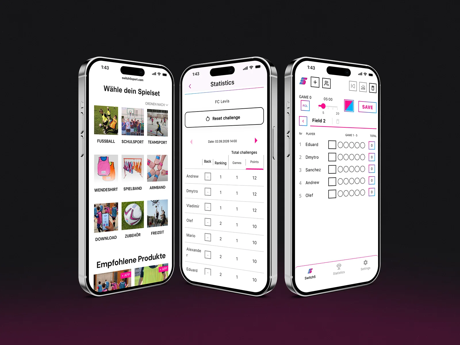 SWITCH5 app screens